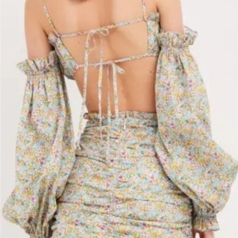 For Love And Lemons Blue Pink Ruffled Wrap Sundress